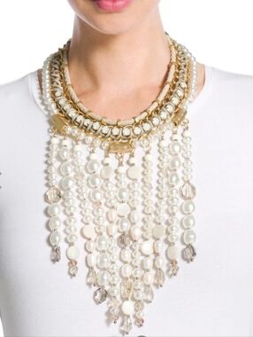 NWT Chico's Waikiki White Pearl & Gold Fringe Bib Necklace MSRP $179